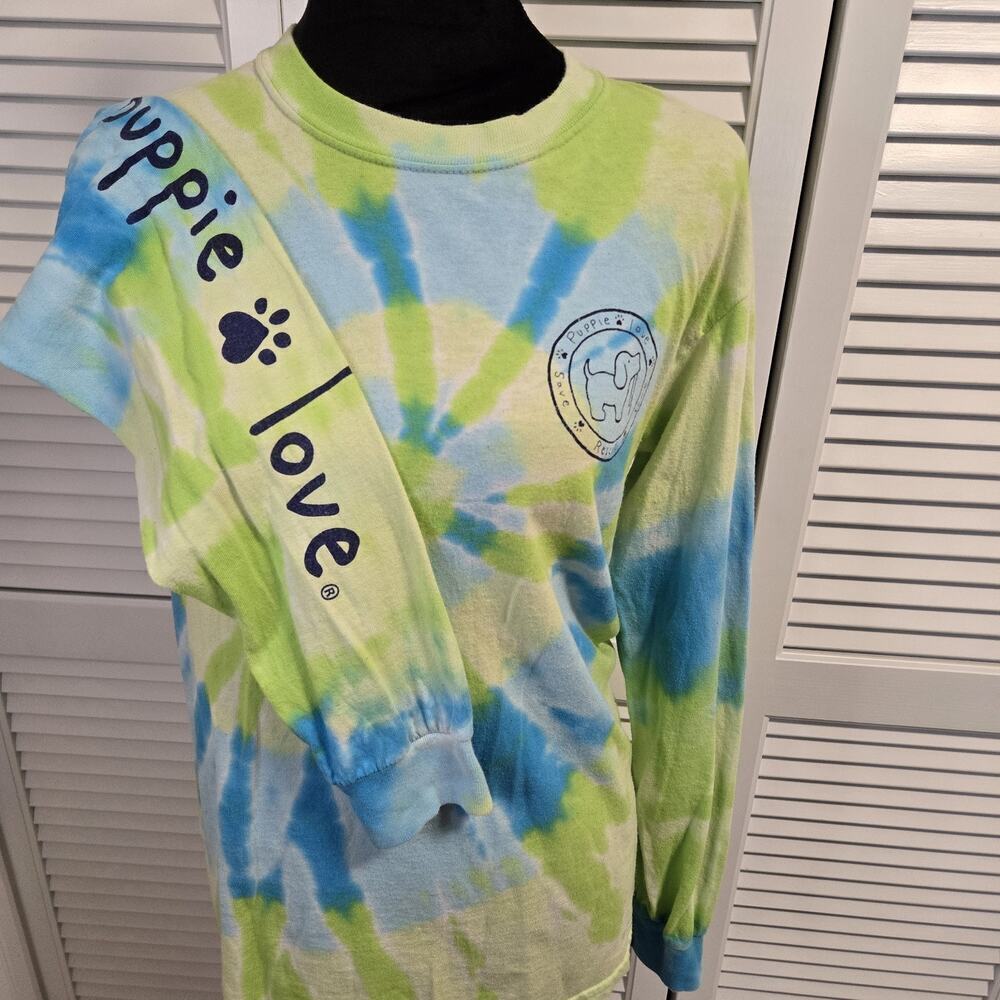 Puppy Love Size SMALL Blue Green Tie Dye Long Sleeve Logo Crew Neck Dog Hippie - Picture 2 of 7